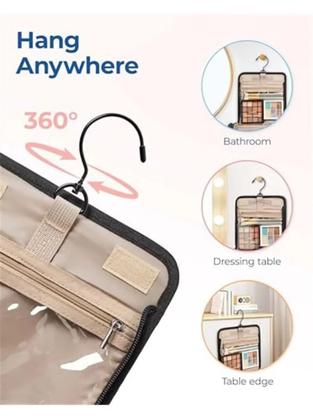 Makeup Bag for Women with Hanging Hook - Portable Cosmetic Case, Large Capacity